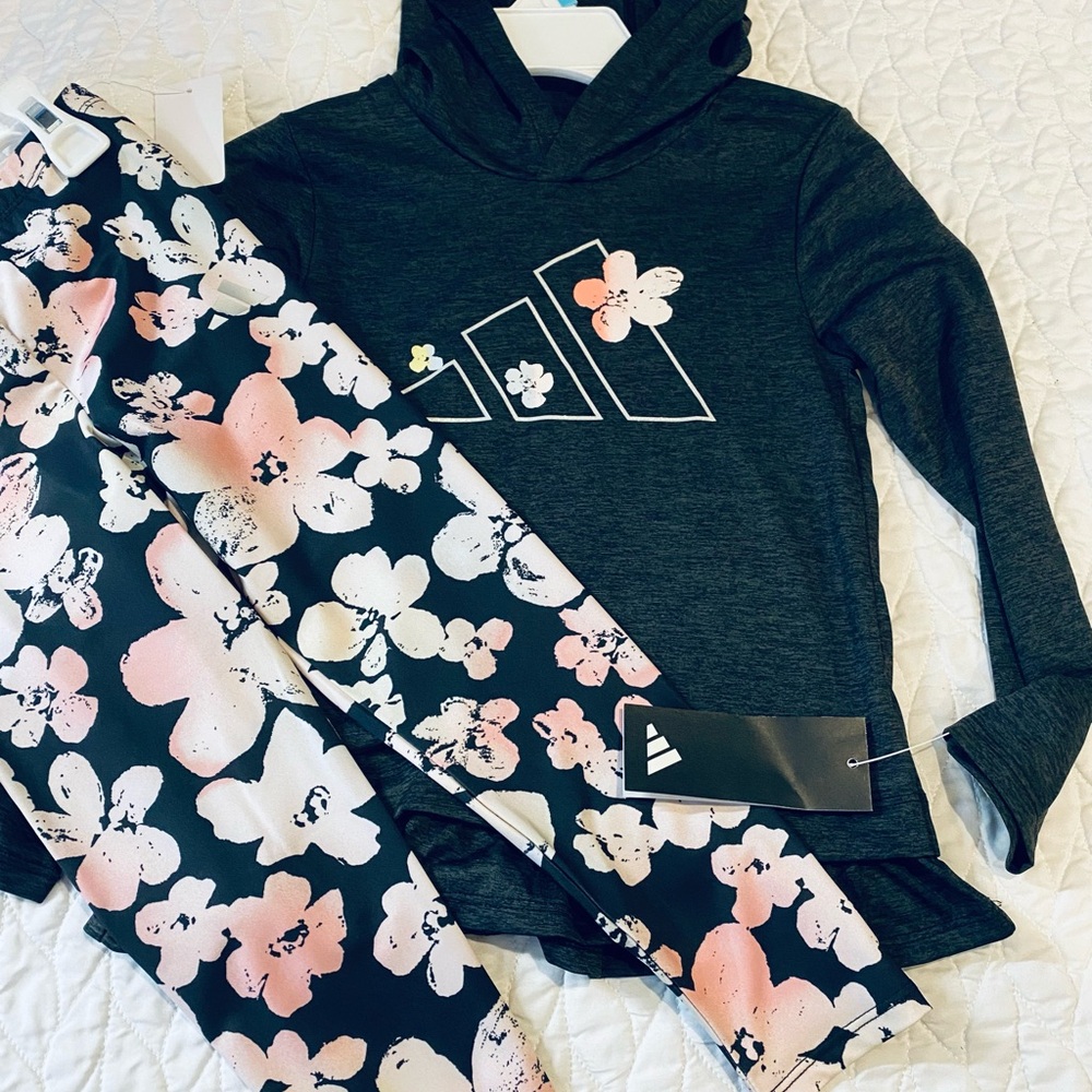 Adidas Kids Black and Pink Floral Pajama Set
